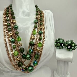 Vintage Germany Multi-strand Green glass & acrylic Bead w Japan clip on earrings